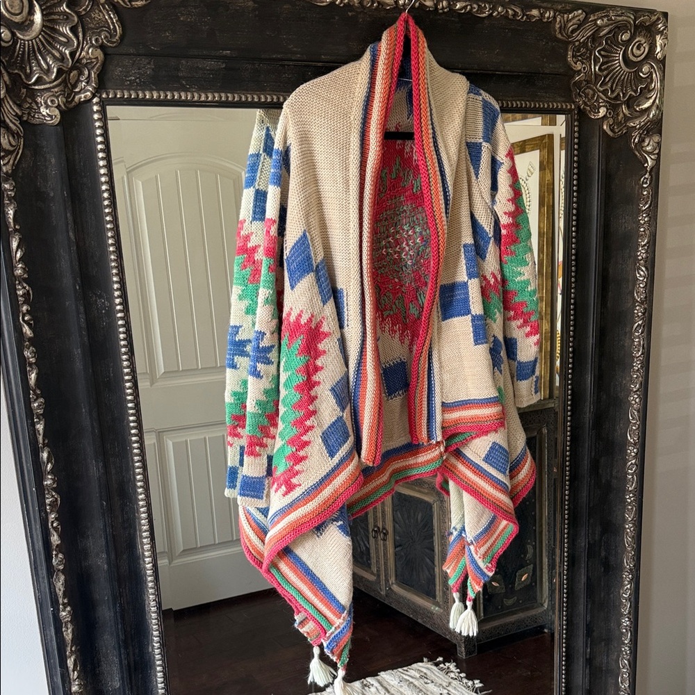 Ralph Lauren Cream Knit Throw with Blue, Green & Coral Geometric Accents